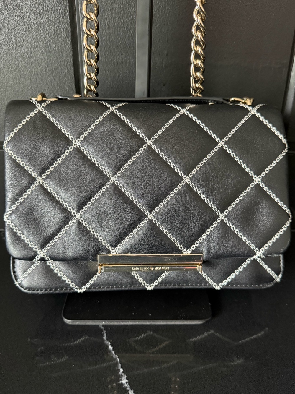 Kate Spade Quilted Chain Strap Crossbody Black White Stitch